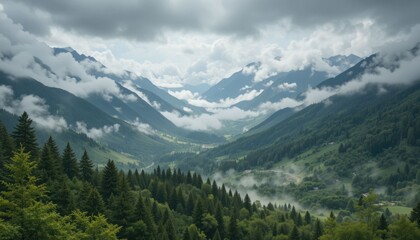 Fototapeta premium Valley of Misty Green Forest Encircled by mountains in a picturesque setting with a cloudy sky