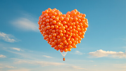 Heart-shaped balloon cluster flying in the sky like a hot air balloon.