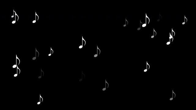 Simple white vector musical notes floating on black background looping animation.