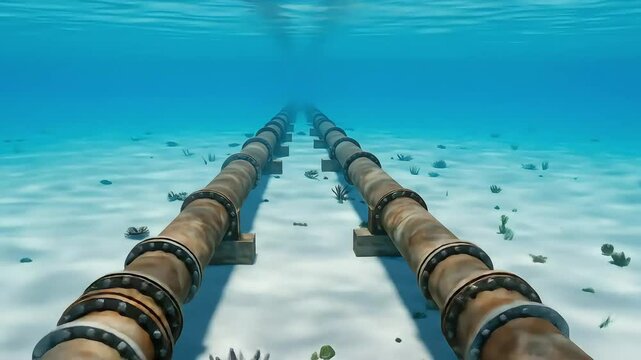 Parallel undersea pipelines stretching across the sandy seabed, used for transporting oil or gas through marine engineering infrastructure.