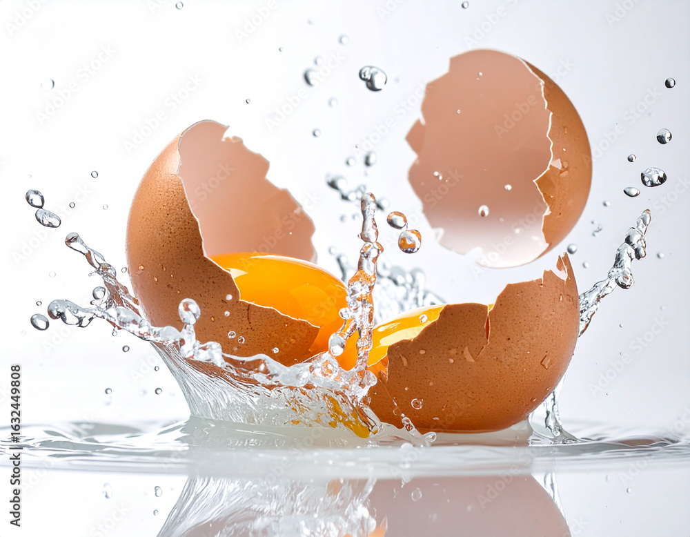 Poster exploding eggshell splashing into water with droplets and yolk bursting