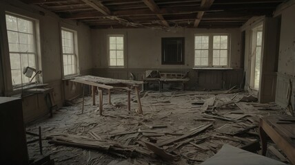 abandoned building interior brighten with natural light coming through windows