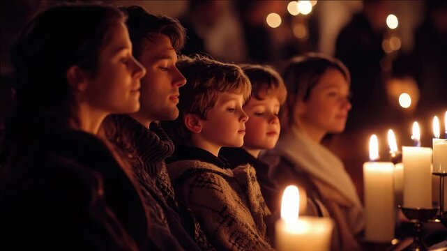 A family and friends gathered around a candlelit ceremony, participating in a communal event with warmth and togetherness. The scene is illuminated by the soft glow of candles.