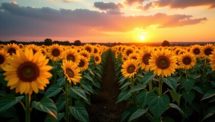 Fototapeta premium Rows of sunflowers glow at sunset, shadows lengthening , shadows, summer, nature