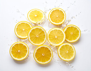 Fresh Sliced Yellow Lemons Splashing in Clear Water for Refreshing Beverage Preparation