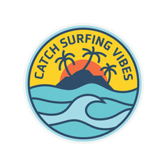 Surf vibe with wave ocean and mountain, palm trees, sun, minimalist, vector illustration