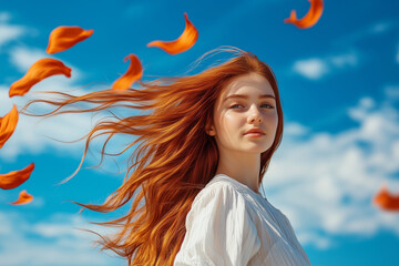 Photo beautiful red-haired girl with freckles, hair fluttering beautifully in the wind, thick red red hair