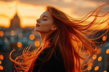 Photo beautiful red-haired girl with freckles, hair fluttering beautifully in the wind, thick red red hair