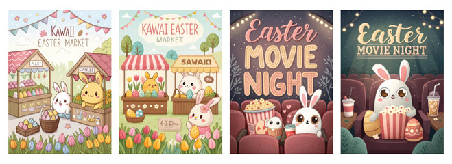 Fototapeta premium Set of four posters featuring cartoon bunnies at a Kawaii Easter market and movie night