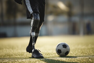 Athlete with prosthetic leg standing on grass field near a soccer ball.