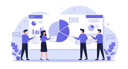 Obraz premium Colleagues Discussing Cost Allocation With Pie Charts In Modern Office, Analyzing Expenses, Budgeting, And Financial Strategies For Effective Business Planning And Resource Management