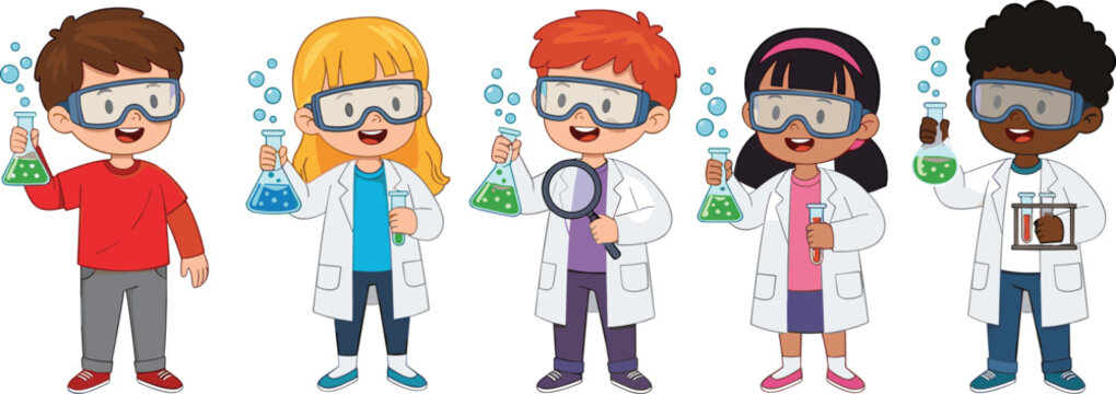 Kids in science lab, chemistry experiment, children in lab coat, holding beakers, STEM activity, school education, scientific learning, teamwork