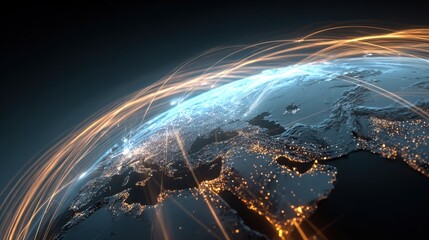 Illuminated digital earth surrounded by glowing network connections and data streams representing global digital transformation and connectivity