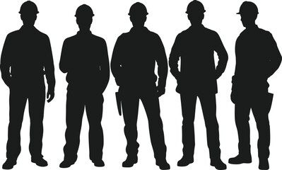 Silhouettes of five construction workers with hard hats standing in various poses, industrial team, safety helmets, building site vector illustration