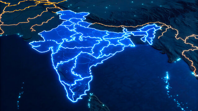 India map digital glowing outline, indian states, territory borders