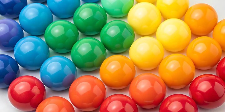 A vibrant array of colorful balls arranged in a rainbow spectrum, showcasing a harmonious blend of hues, tints, and shades, isolated on white background