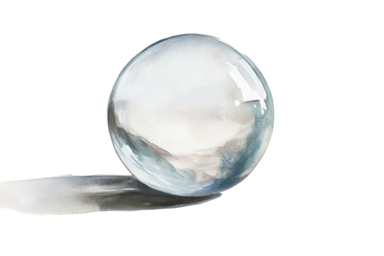 Abstract crystal egg with reflection of sky and clouds isolated on transparent background. White crystal ball watercolor isolated on white background.