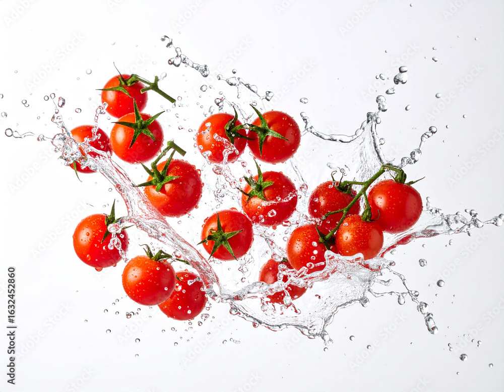 Poster fresh ripe tomatoes splashed with water in dynamic movement