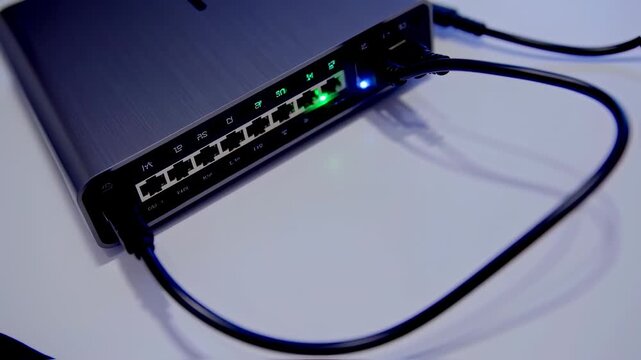 Closeup of a modern router with blinking indicator lights connected by a cable on a clean desk