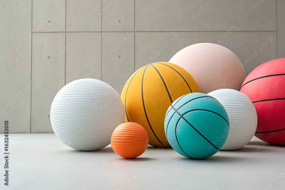 Poster a modern still life featuring a group of colorful spheres and basketballs in a minimalist studio set