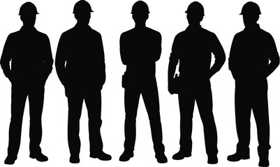 Silhouettes of five construction workers wearing hard hats, standing confidently, industrial team, safety gear, building site vector illustration