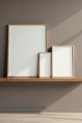 Three empty frames above minimalist shelf, wood accents, art, picture frames, decor