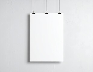 Blank white poster hanging up with clips mockup
