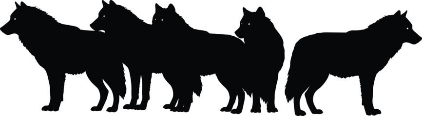 Five wolf silhouettes in a row, left-facing wildlife illustration, black animal outlines, majestic wilderness scene, alpha predator vector, forest life