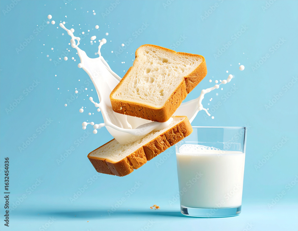 Poster refreshing morning splash of milk with toast slices floating