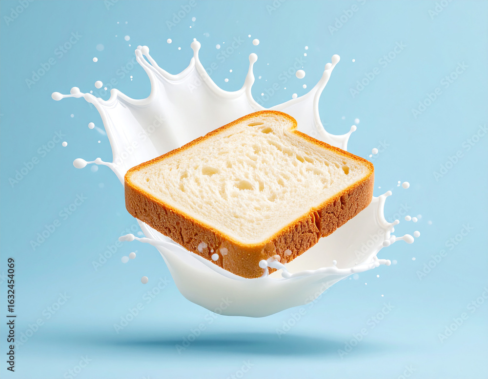 Poster delicious bread slice splashing into milk in a refreshing dynamic shot
