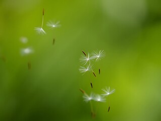 Naklejka premium Floating seeds carried by the gentle breeze across a blurred green background