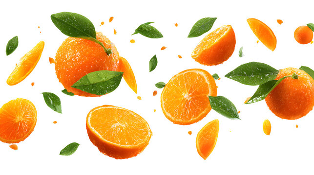Flying orange fruits with slices and green leaves isolated on a white background