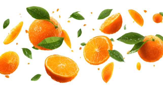 Flying orange fruits with slices and green leaves isolated on a white background