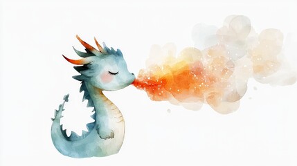 Cute watercolor dragon blowing colorful flames and smoke in a whimsical fantasy setting for creative projects