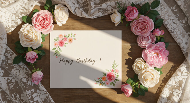 Birthday Greeting Card Mockup with Floral Decorations on Wooden Table. Customizable template for celebrations, digital invitations, and blog designs