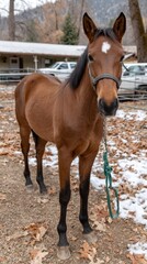Fototapeta premium Grazing brown horse stands prominently in a verdant field, framed by traditional houses and a wooden fence under a clear winter sky