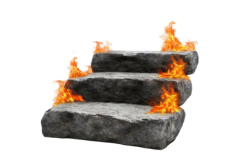 Stone steps on fire isolated on transparent background. Stone steps engulfed in flames symbolizing overcoming challenges isolated on white background.