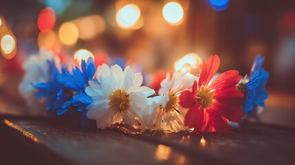 Chilean Independence Day wreath in red white and blue with seasonal flowers, golden festive lights and soft bokeh create warm mood