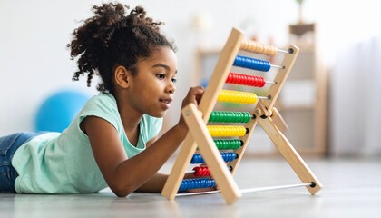Supportive autism therapy session for a little girl playing with an educational toy, using a colorful abacus for early development on the floor.