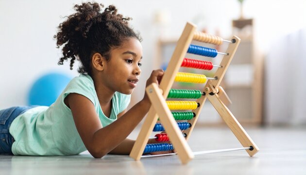 Supportive autism therapy session for a little girl playing with an educational toy, using a colorful abacus for early development on the floor.