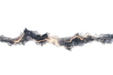 Abstract mountain range with smoke and clouds isolated on transparent background. Striking lightning bolts illuminate isolated on white background.
