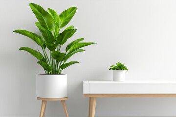 Modern Indoor Plant Arrangement with Green Leaves in Minimalistic White Pot on Wooden Stand and Table