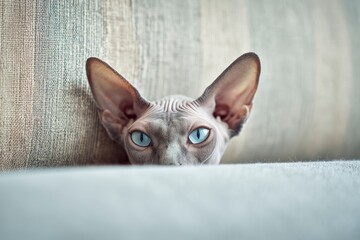 A hairless cat with blue eyes peeks over the top of a surface Its head and ears are visible