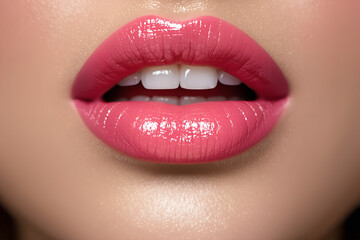 Fototapeta premium A sensual close-up of a woman’s lips with perfect pink lipstick. The makeup is flawless, with a smooth texture and a glossy or satin finish that enhances the femininity and elegance of the look. The c