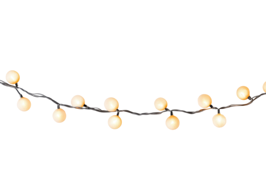 String of warm white fairy lights isolated on transparent background. String lights isolated on white background.