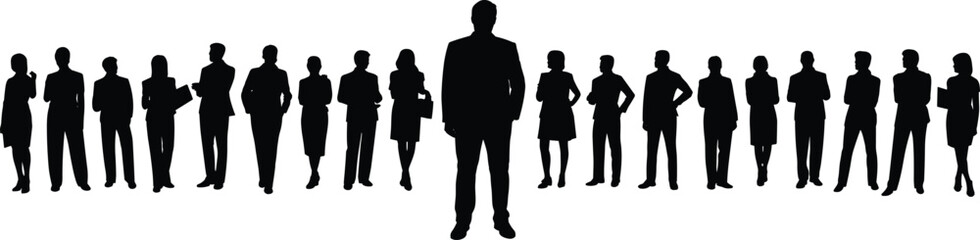 Silhouettes of business professionals team with leader in front, corporate people group, leadership concept, teamwork, organization, office staff