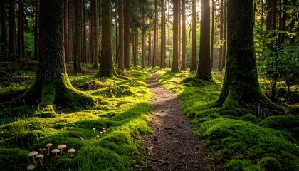 Obraz premium Sunlit Forest Path with Mossy Trees and Mushrooms
