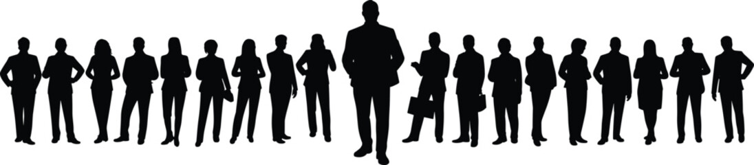 Business team silhouettes with leader in front, corporate professionals group, teamwork, leadership concept, diverse office staff, success symbol