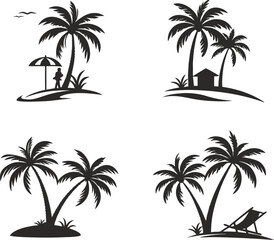 Vector art illustration of tropical palm tree silhouettes on a summer beach landscape with a golden sunset