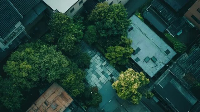 Green trees against cityscape background.